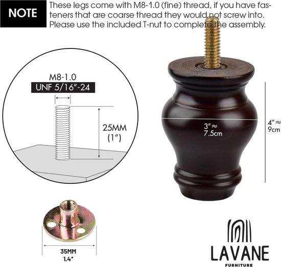 8 inch/20 cm Houten Meubelpoten, La Vane Set van 4 Europese Stijl