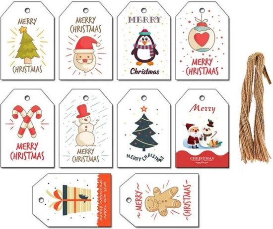 Kerst cadeaulabels - naamlabels - labels karton - kerstcadeau - kerstkado - zuurstokje - 20 stuks incl. touw