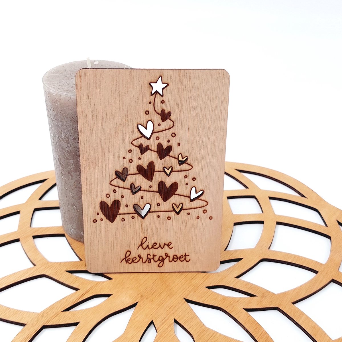 Houten kerstkaart Liefdevolle kerstboom kerstkaarten kerstkaarten