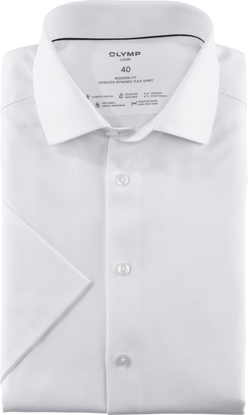 OLYMP Luxor 24/7 modern fit overhemd - korte mouw - Dynamic Flex - wit - Strijkvriendelijk - Boordmaat: 48