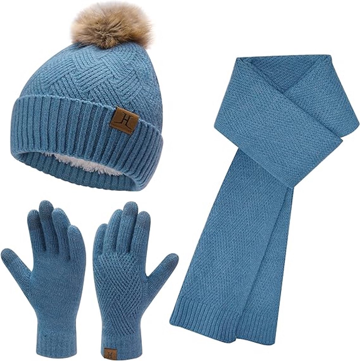 Warme winterset - Blauw - Beanie met pom pom, lange sjaal, touchscreen handschoenen - Fleece gevoerde muts volwassenen - Black Friday 2023 - Kerstcadeau