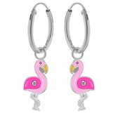 Zilveren oorbellen meisje | Oorbellen kind | Zilveren oorringen met hanger, roze flamingo met kristal