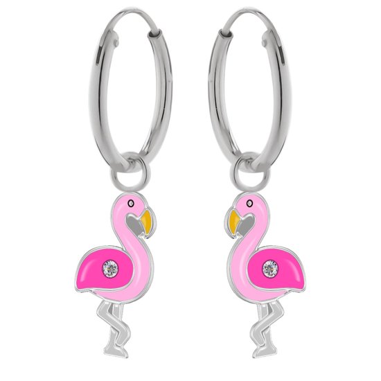 Zilveren oorbellen meisje | Oorbellen kind | Zilveren oorringen met hanger, roze flamingo met kristal
