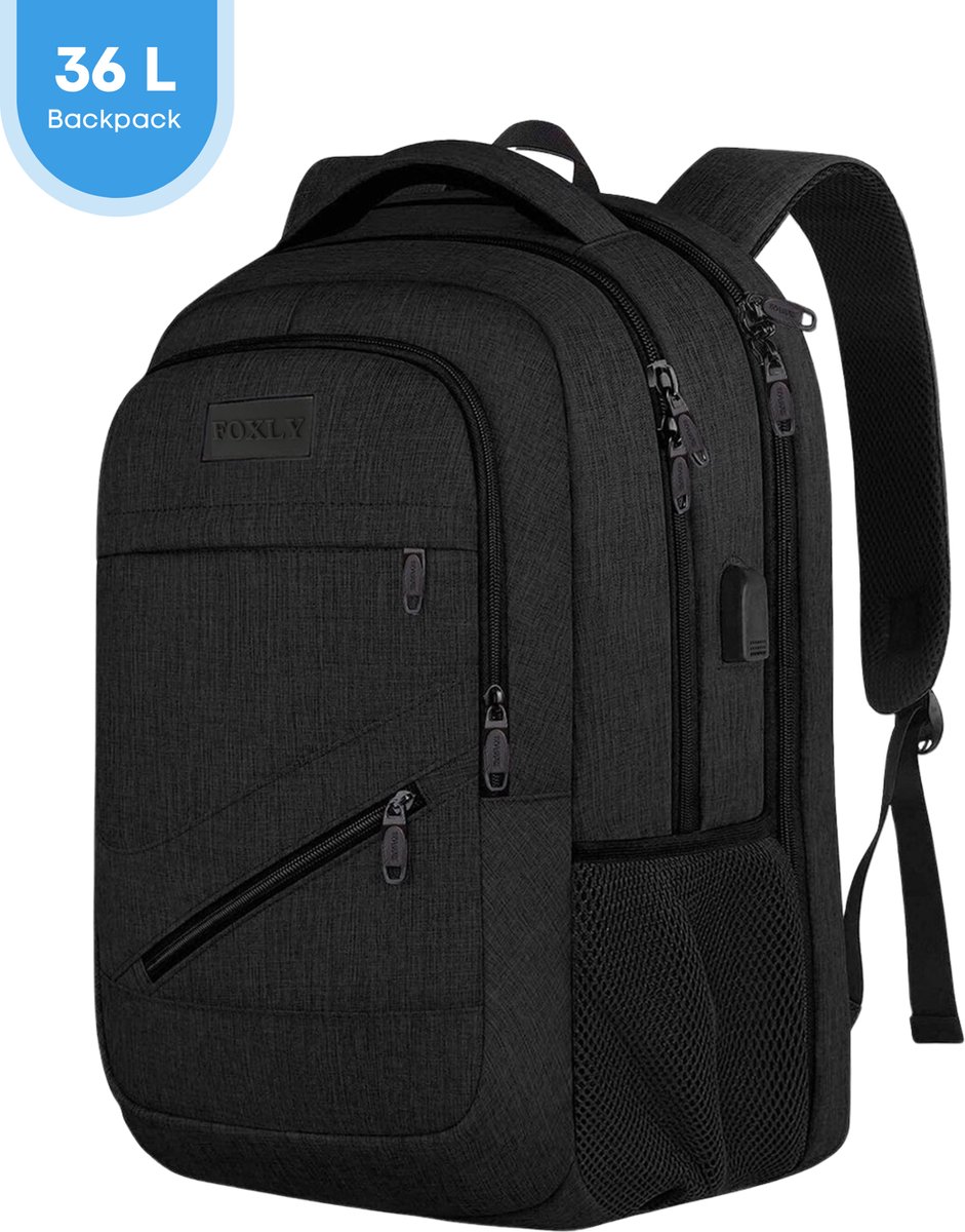 FOXLY® Anti Diefstal Waterdichte Rugzak Inclusief Usb Oplaadstation - Laptop tas t/m 17,3 inch - Dames en Heren en Kinderen - Schooltas - Zwart
