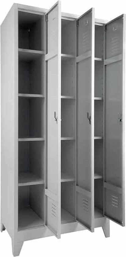 Armoire avec étagères dans toutes les colonnes Nombre de portes 2 Nombre d'étagères 8 Largeur 60CM Hauteur 180CM Couleur cadre Gris clair (Ral 7035) Type de pied Sur socle Serrure Avec fermeture à oeillet