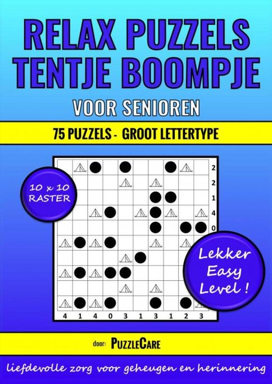 Foto: Relax puzzelboek tentje boompje voor senioren 10x10 raster 75 puzzels groot lettertype lekker easy level 