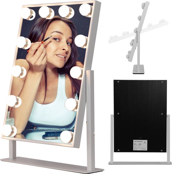 Beauty Shine Elite - Hollywood make up Spiegel met verlichting - 360 graden Rotatie - Drie LED Licht Instellingen - Visagie - Desktop make-upspiegel - Dimbaar - Wit - Metalen Frame