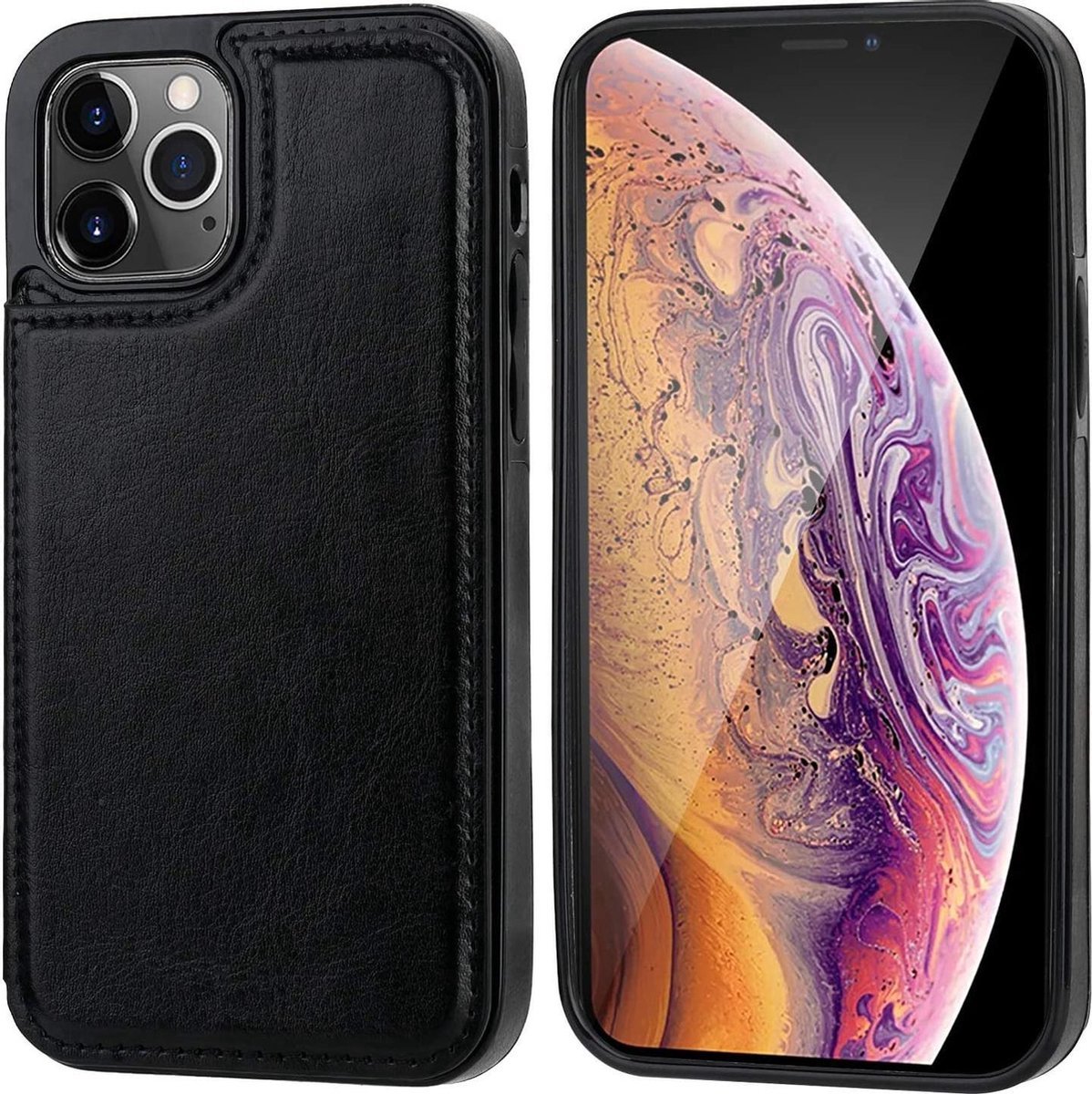 DrPhone PK1 iPhone 12/12 Pro 6.1 inch Portemonnee Hoes met kaarthouder- PU lederen - Schokbestendig & Kickstand Zwart