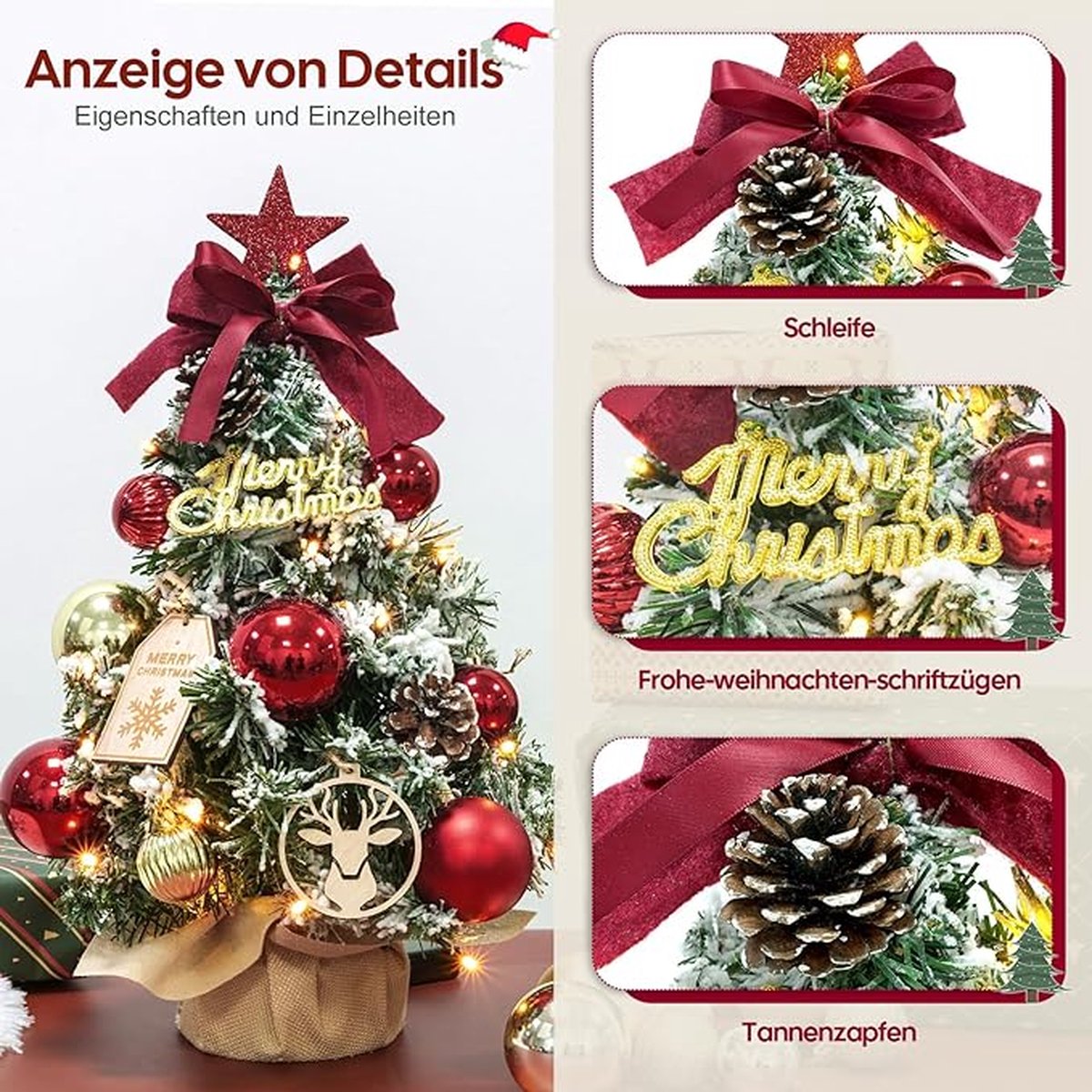 Sapin De Noël Dewur 60 Cm Avec Guirlande LED - Décorations Neige Et Ornements Inclus - PVC Ignifuge