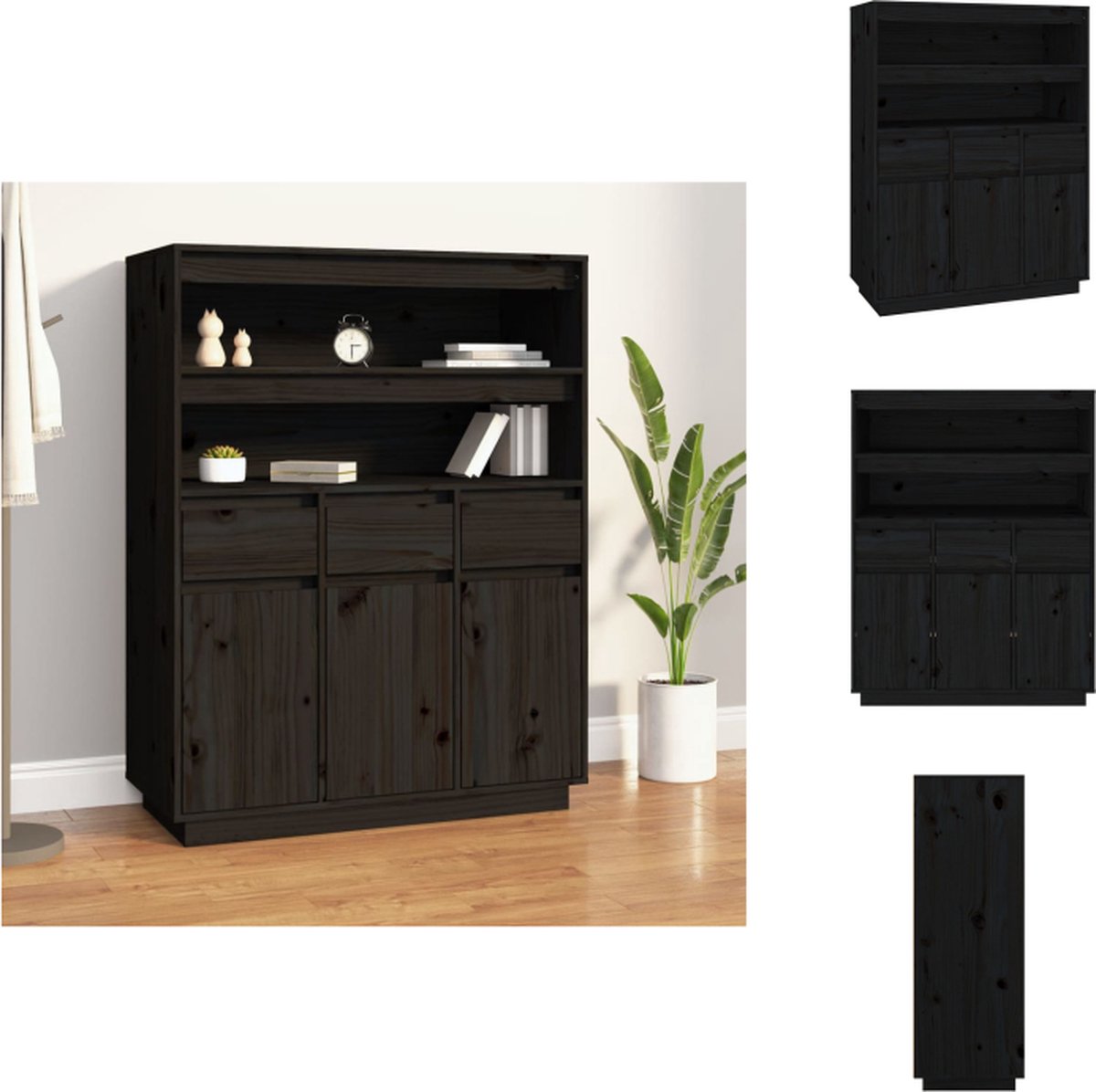 VidaXL Hoge Kast Massief Grenenhout Open Schappen Lades en Vakken Zwart 89x40x116.5cm Keukenkast