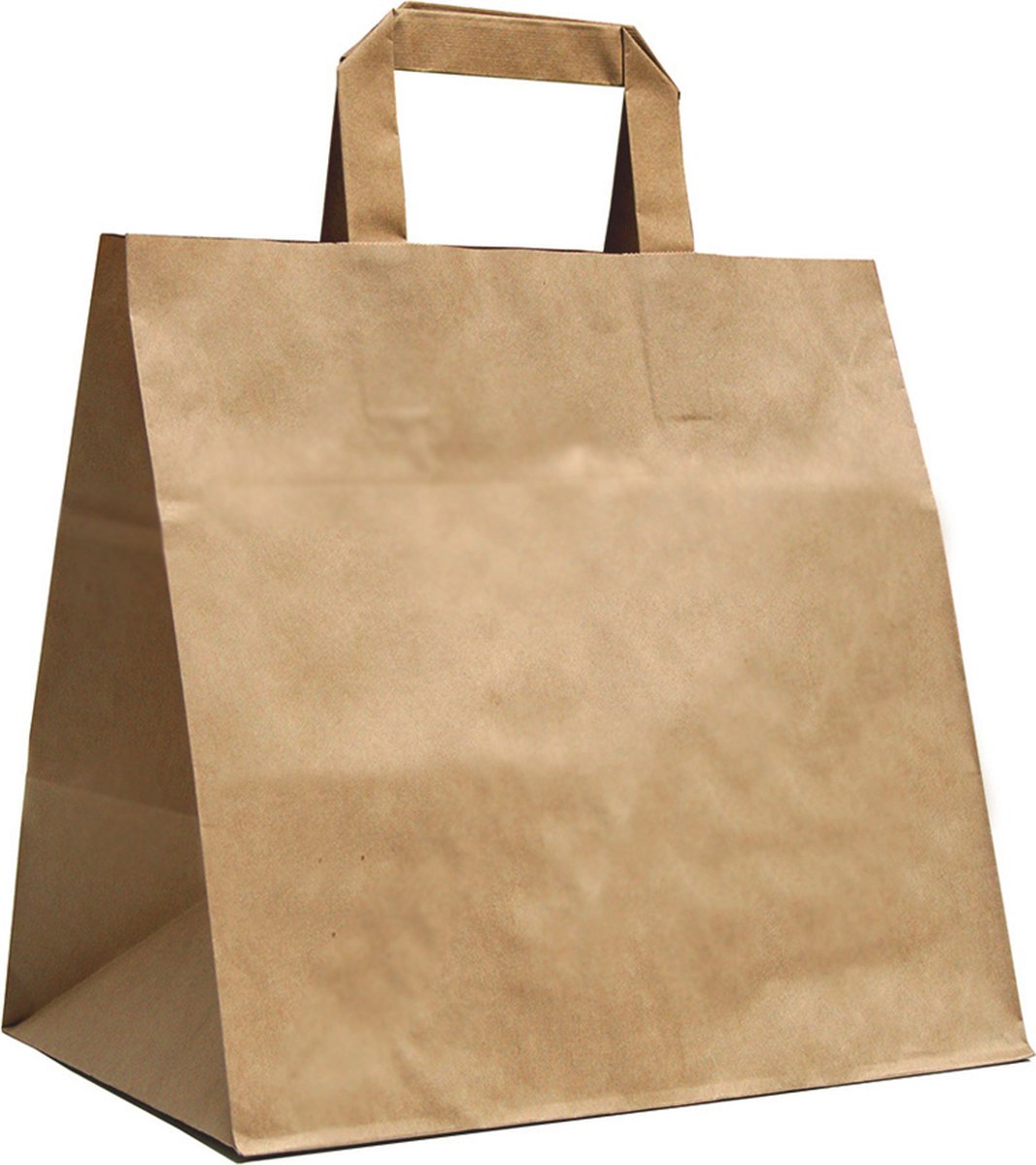 KURTT - Papieren Draagtassen - 32x17x27cm - Bruin - 50 stuks / papieren tassen Kraft Papieren Tasjes Met Handvat/ Cadeautasjes met vlak handgrepen / Zakjes/ Milieuvriendelijk / BIO / Take Away