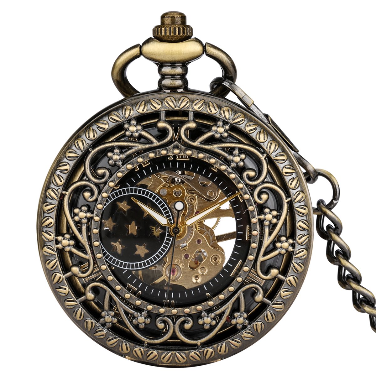 GWS Zakhorloge Mechanisch Skeleton Brons - Met ketting - Mechanisch Steampunk Zakhorloge met handmatige opwinding