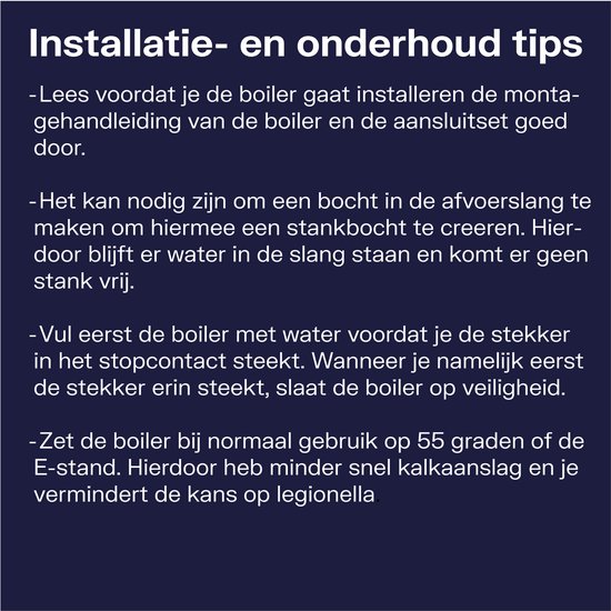 Donkerblauwe achtergrond met tekst over installatie- en onderhoudstips.