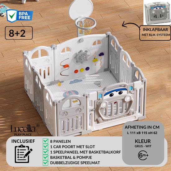 Lucellia® Grondbox – Inklapbare box – Met speelmat - Grijs 111x115 CM – Playpen baby - Babypark - Antislip – Met Zuignap - Kruipbox – Kinderbox – Baby box – Speelbox – 8+2 panelen