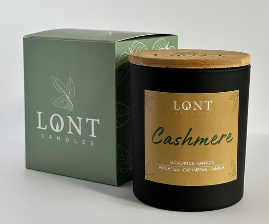 LONT candles - sojawas - Cashmere - eucalyptus, safforn / patchouli, cashmeran, vanilla - 40-60 branduren- handgemaakt - vrij van chemicaliën en ftalaten - zwart - 730 gram
