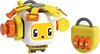 Witte speelgoedhelikopter met oranje en gele onderdelen, met een geel slot ernaast.