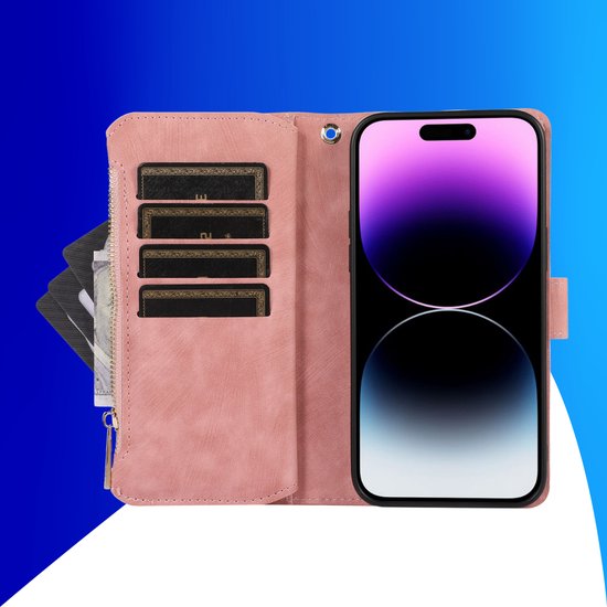 Étui adapté pour iPhone 14 - Bookcase - Porte-cartes - Portefeuille - Cordon - Simili cuir - Rose