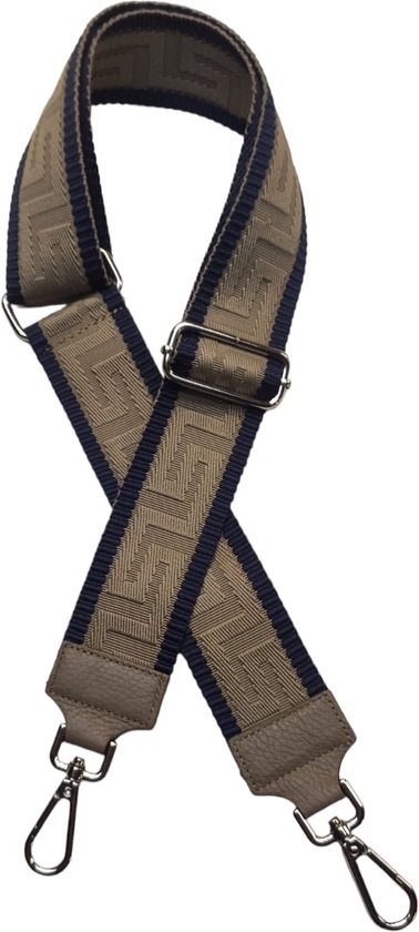 San Marco Schouderriem Zilverkleurig - Verstelbaar Tassen riem -Verwisselbare tasband met kliksysteem 80cm tot 130cm- Tashengsel - Bag Strap - Verstelbaar - taupe / donkerblauw patroon