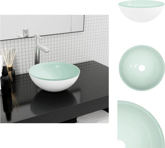 Lavabo rond blanc avec un bord vert menthe, en verre trempé.