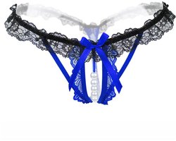 Erotische Lingerie Slipje I Sexy Slipje Met Parels I Sexy String I Open Kruis I Erotisch Ondergoed I Blauw/Zwart