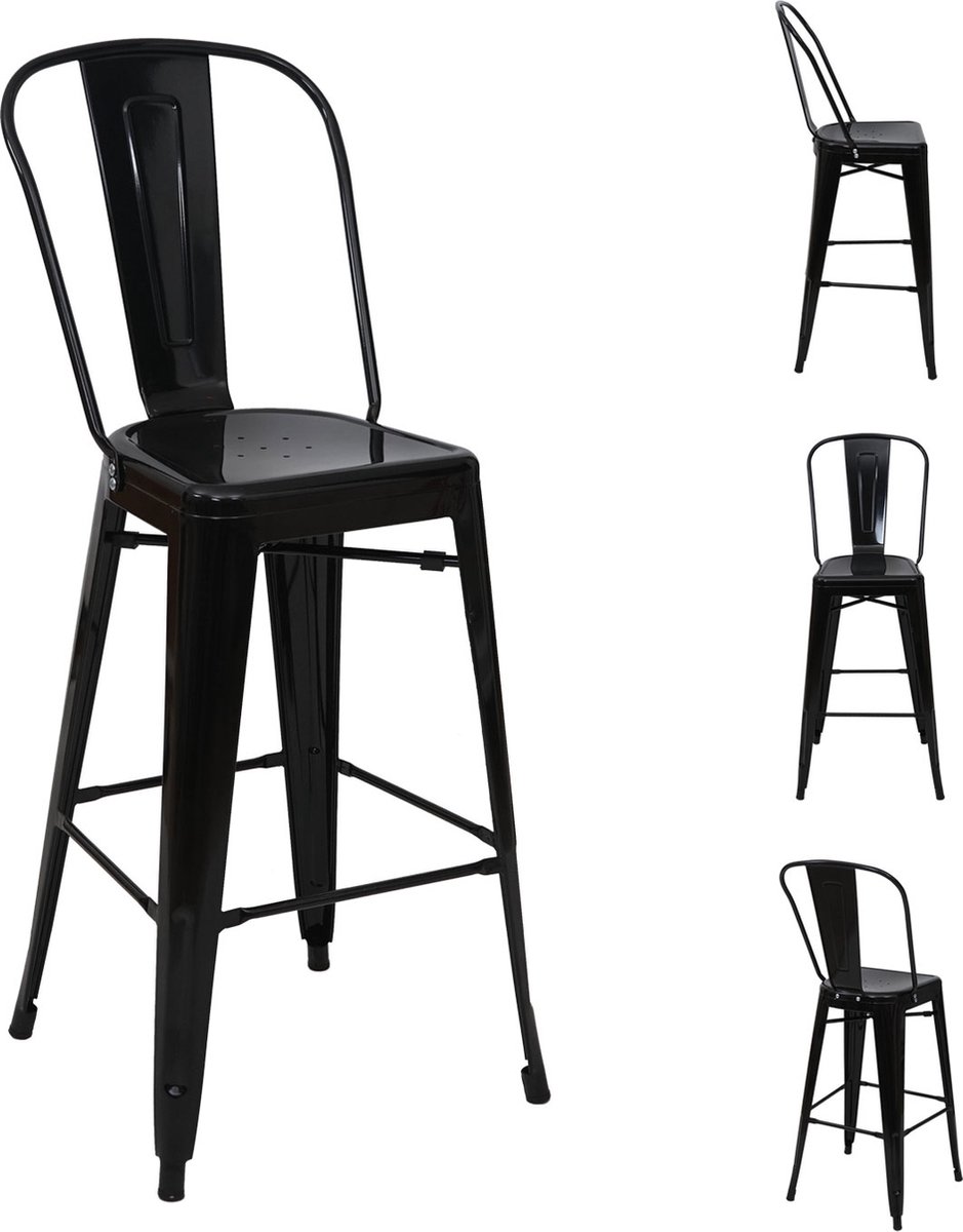 Cosmo Casa Set van 4 Barkrukken - Barkruk Met Rugleuning - Industrieel Design - Metaal - Zwart