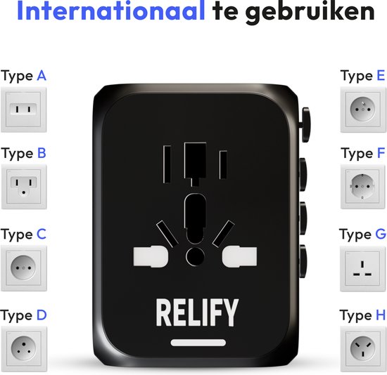 Relify Universele Wereldstekker met 2 USB-C en 2 USB poorten - Reisstekker - Internationale Reisstekker voor 187+ landen - Amerika (USA) - Engeland (UK) - Australië - Azië - Zuid Amerika - Afrika - Wereldstekkers - Zwart - Relify