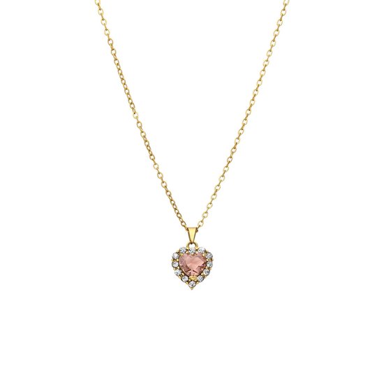 Lucardi - Dames Stalen goldplated ketting vintage hart roze - Ketting - Staal - Goudkleurig - 45 cm