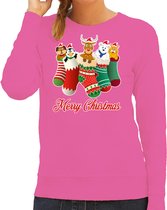 Bellatio Decorations Foute kersttrui/sweater dames - kerstsokken - roze - kerstdieren - rudolf M