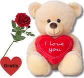 moederdag cadeautje - Moederdag knuffel met hart en gratis rode roos - 30cm - Knuffel - teddybeer - mama - Teddybeer - Knuffelbeer - moederdag cadeau voor mama - moederdag geschenkset