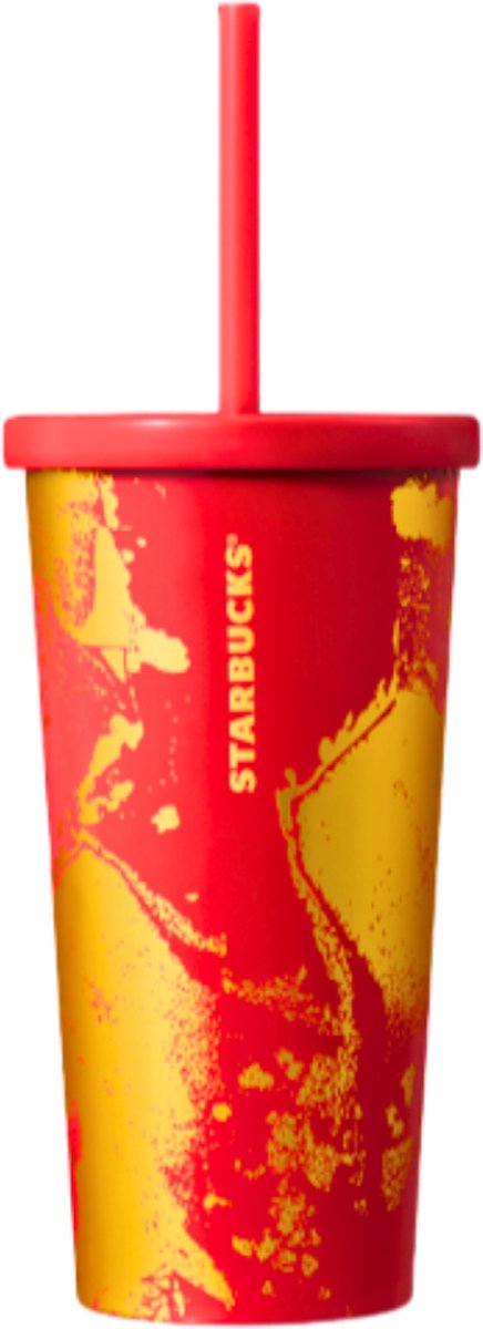 Starbucks Beker - Red and Gold Metallic Drinkbeker - RVS- Met Rietje en Deksel - Herbruikbaar - ijskoffie beker - Milkshake beker - Tumbler - Cup