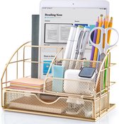 Desk Organiser and 72 Metal Accessories, Large Rose Gold Office Organiser with 6 Compartments + 1 Drawer, Mesh Pen Holder Desk for Office, School and Household, 18 t x 15 x 26 cm (Gold)