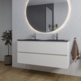 Adema Chaci Badkamermeubelset - 120x46x57cm - 2 keramische wasbakken zwart - 2 kraangaten - 2 lades - ronde spiegel met verlichting - mat wit