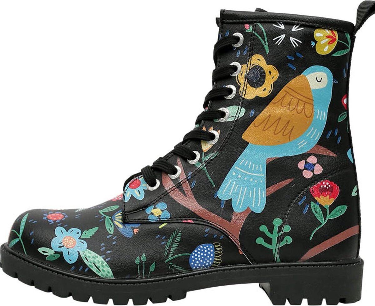 DOGO Zwarte Lange Laarzen Bloemen & Vogels
