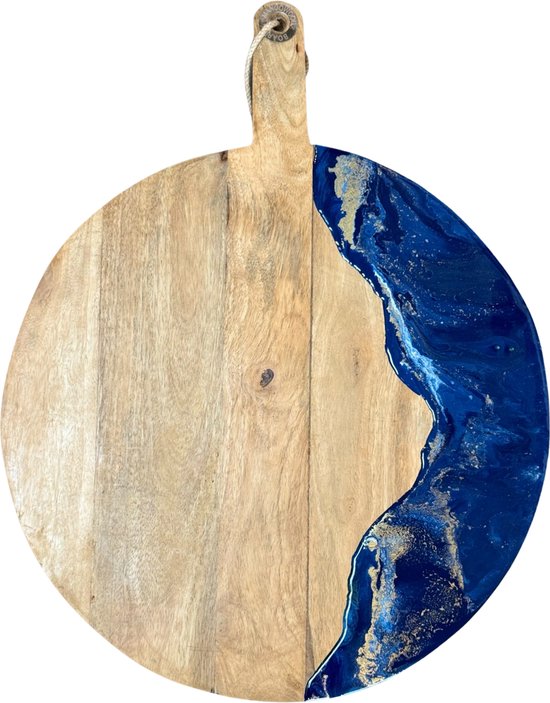 ORGNL Art Design - Luxe XL ronde houten serveerplank - kaasplank - borrelplank met unieke epoxy versiering - 57,5x44,5 cm - Delftsblauw/wit/goud