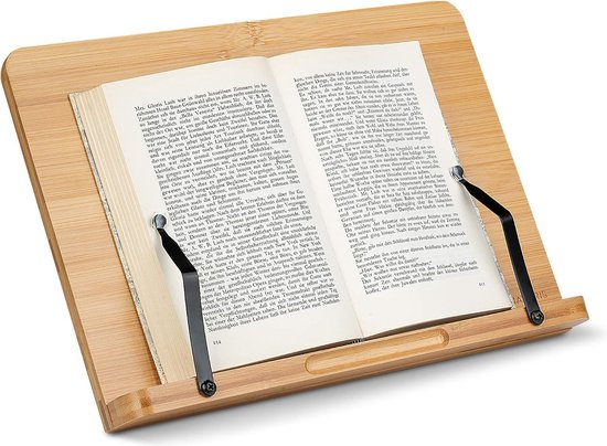 Boekstandaard, compatibel met iPad, 34 x 24 cm, boekhouder, boekhouder, van bamboe, standaard, houder voor boek, tablet, voor keuken, bureau, zwart