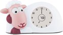 Sam Slaaptrainer met grote ogen, roze wangen, witte vacht, en een groen verlichte klok ingesteld op 7:00.