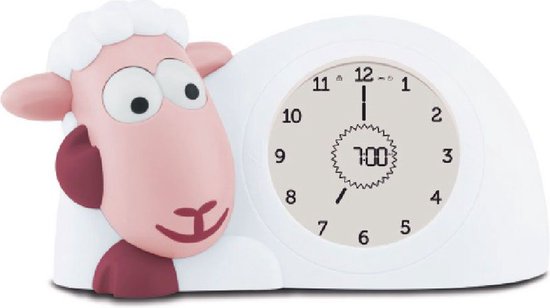 Sam Slaaptrainer met grote ogen, roze wangen, witte vacht, en een groen verlichte klok ingesteld op 7:00.