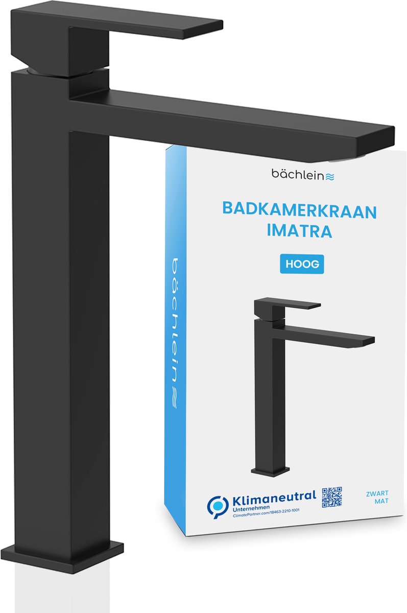 Bächlein Waterkraan hoog voor de badkamer [hoekig - Mat Zwart] - extra hoge kraan met 215mm uitloop hoogte voor opzetwastafels, hoge uitloop wastafelkraan