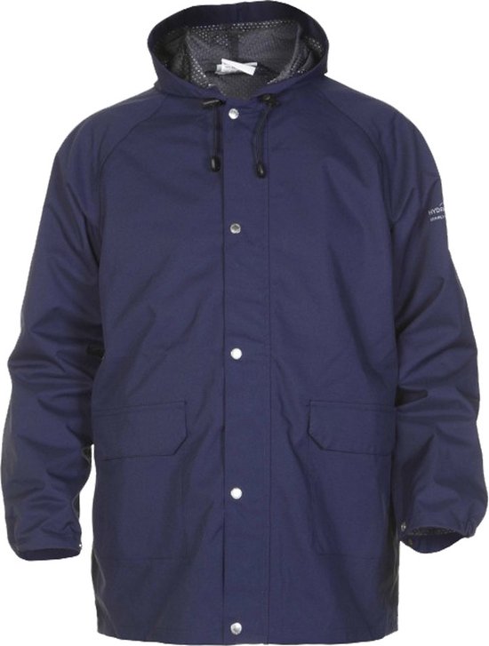 Donkerblauwe Hydrowear werkjas met drukknoopsluiting, capuchon en twee steekzakken.
