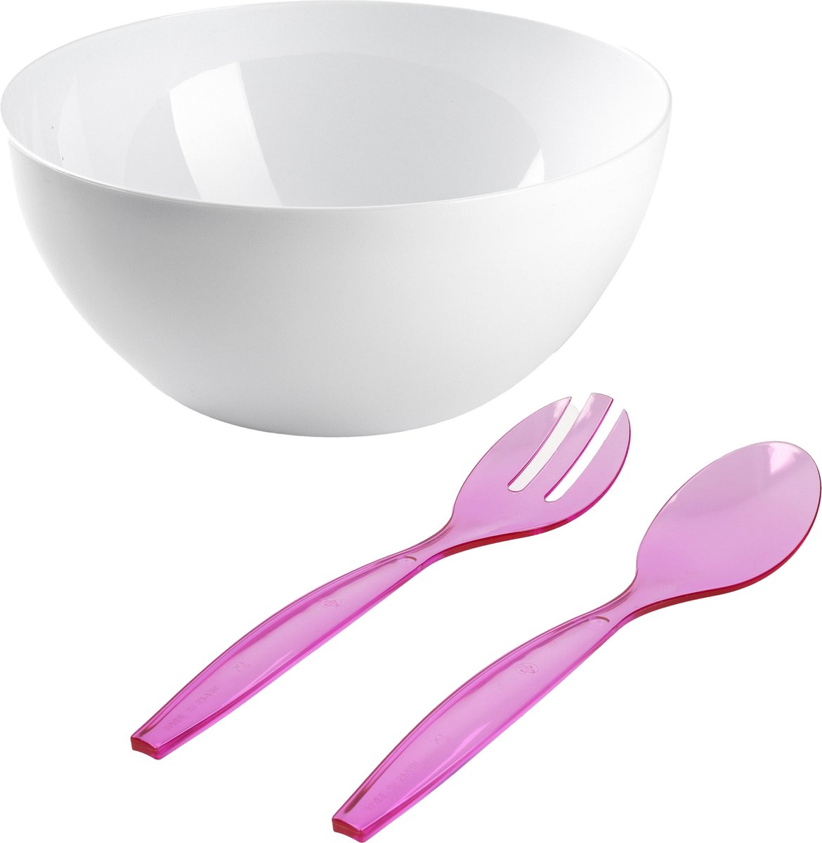 Salade serveer schaal - wit - kunststof - Dia 28 cm - met roze sla couvert/bestek