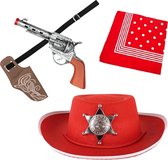 Set de déguisement de carnaval - Chapeau de cowboy rouge/mouchoir rouge/étui avec revolver - pour enfants