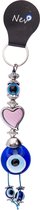 Nevfactory Blue Evil Eye Keyring with Pink Heart L15xW3xH1 Cm - Boze Oog Sleutelhangers - Geluk Bescherming - Nazar Boncugu - Handmade Good Luck Charm with Turkish Eye Glass