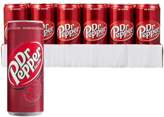 Dr. Pepper blikjes in tray, met rode blikjes met 'Dr. Pepper' logo. Est. 1885.