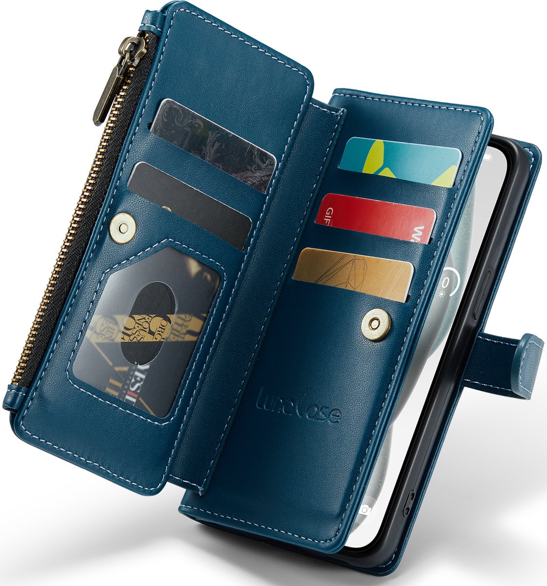 Hoesje geschikt voor iPhone 15 Plus - ZipCase Book Cover Case Kunstleer Smaragd Blauw