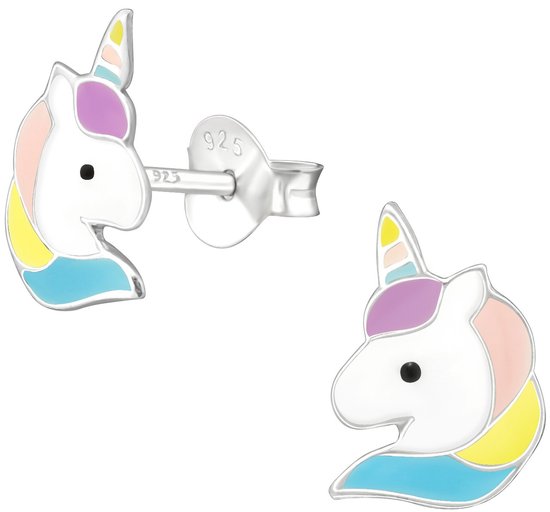 Joy|S - Zilveren eenhoorn oorbellen - 7 x 10 mm - pastel kleurtjes - unicorn oorknoppen - kinderoorbellen