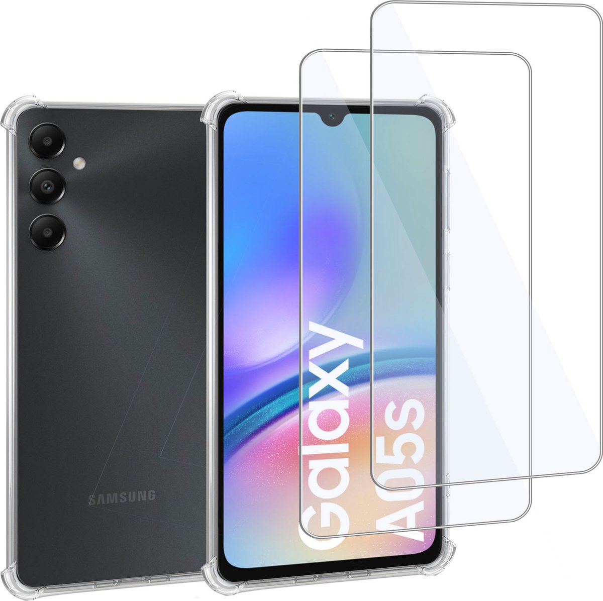 Geschikt voor Samsung Galaxy A05s - Hoesje + 2x Screenprotector – Gehard Glas Cover + Shock Proof Case – Transparant