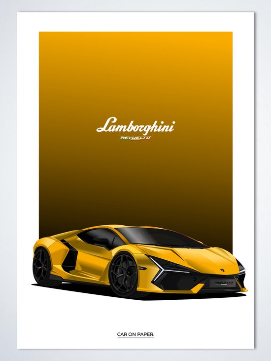 Lamborghini Revuelto Jaune sur Poster - 50 x 70 cm - Poster Voiture Chambre d'Enfant / Chambre / Bureau