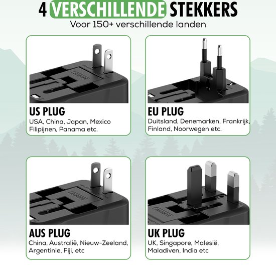 Vier verschillende stekkers: US, EU, AUS en UK. Voor 150+ landen.