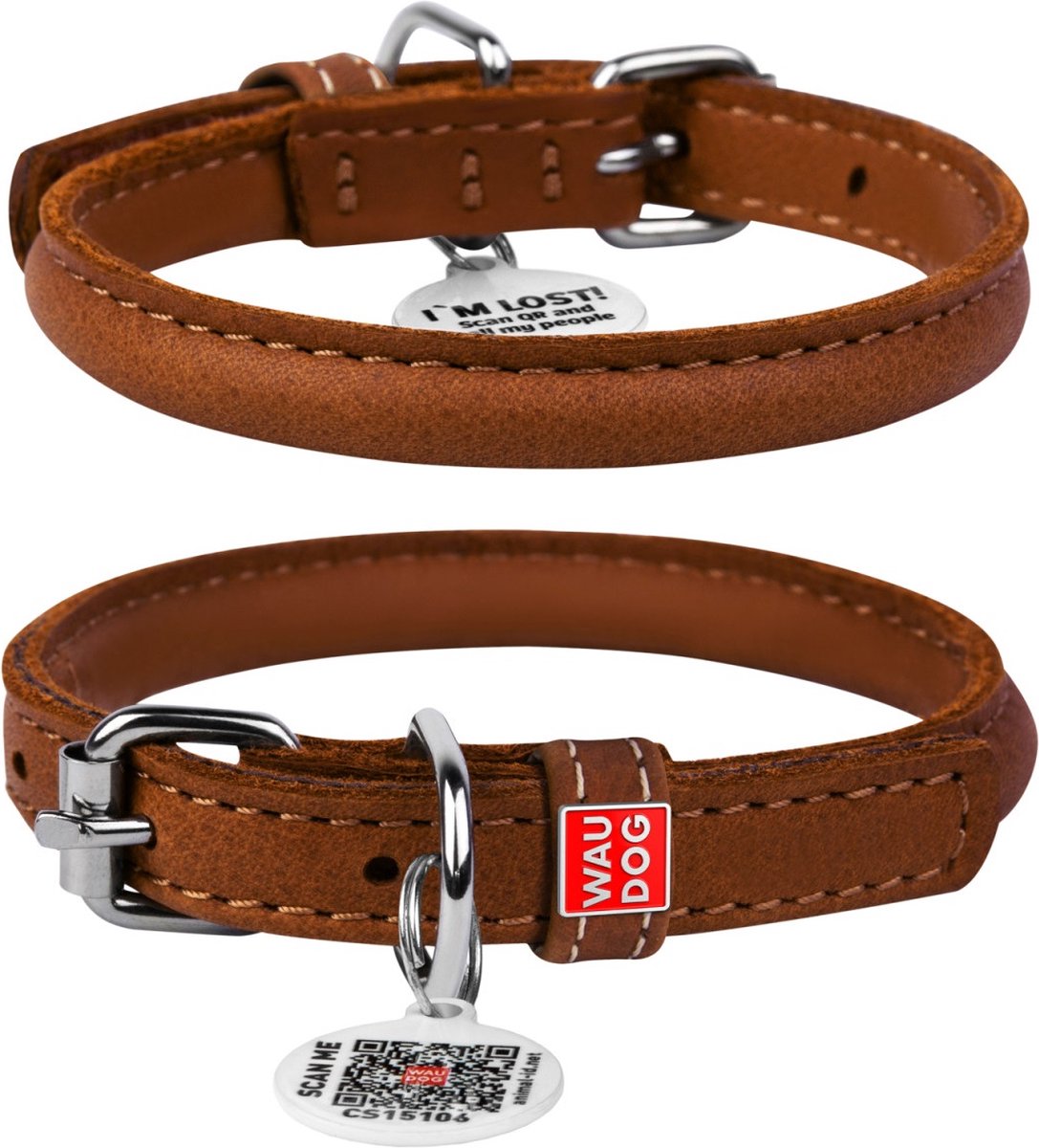 Bol.com WAUDOG Soft Rolled Halsband - Rond leder - Gratis QR-tag - Bruin - S - Diameter: 10 mm - Nekomtrek: 33 - 41 cm (GELIEVE ... aanbieding