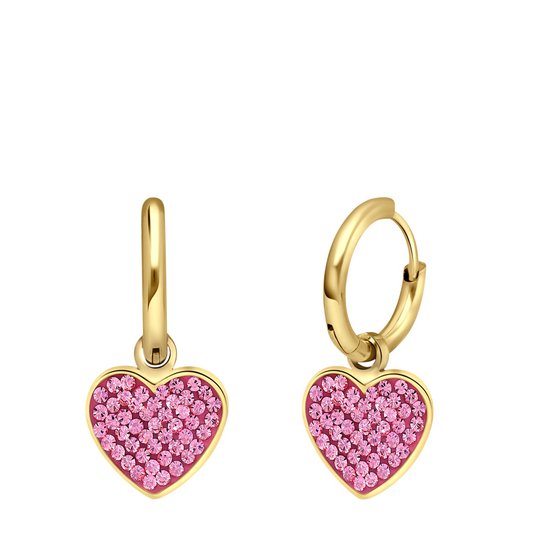 Lucardi Dames Stalen goldplated oorbellen hart met kristal roze - Oorbellen - Staal - Goudkleurig